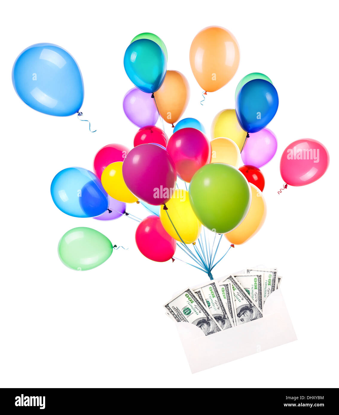 Símbolo de riqueza y éxito - sobre lleno de dinero con volar globos  Fotografía de stock - Alamy
