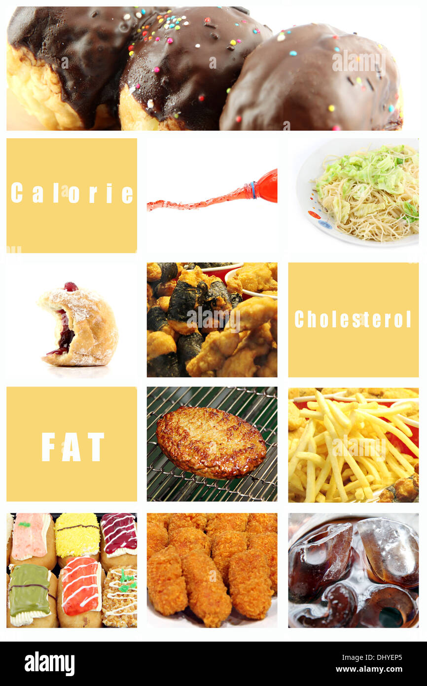 Imagen mezcla de comida basura para la salud en el marco de fondo. Foto de stock