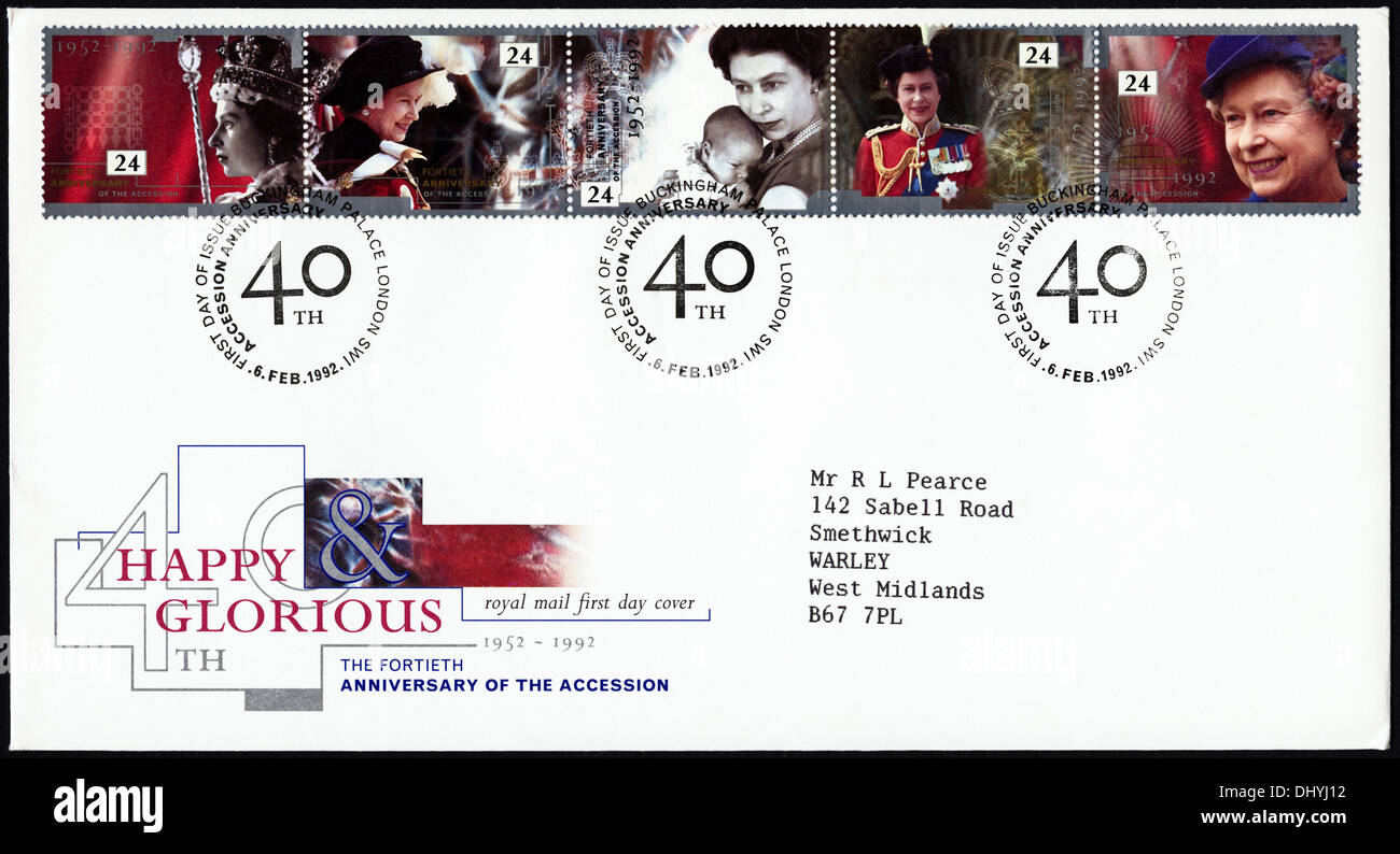 Royal Mail conmemorativo estampilla 24p primer día cubierta para el 40º aniversario de la adhesión de 1952 - 1992 tema matasellos del Palacio de Buckingham Londres el 6 de febrero de 1992 Foto de stock