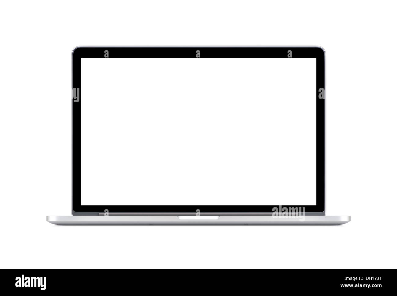 Vista frontal directamente de un moderno ordenador portátil con una pantalla blanca aislado sobre fondo blanco. Alta calidad. Foto de stock