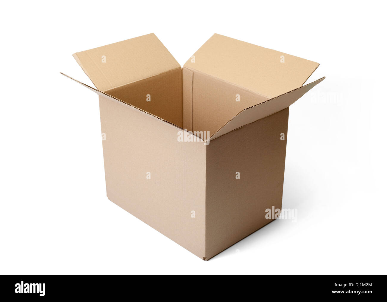 Caja de cartón ondulado aislado sobre fondo blanco. Foto de stock