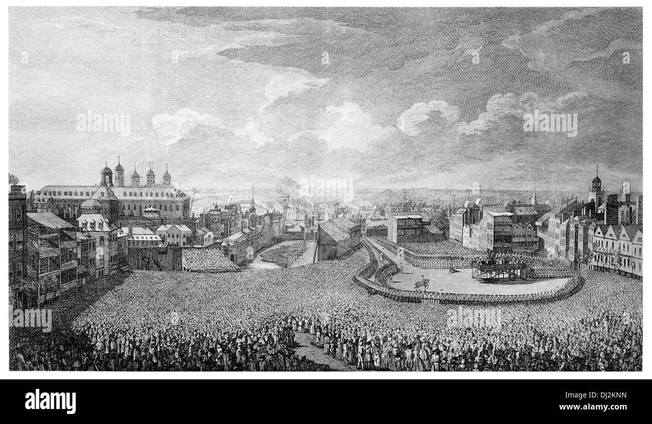 Ejecución en Tower Hill, Londres, 1746. William Boyd, 4º Conde de Kilmarnock, y Arthur Elphinstone, 6 Señor, siendo Balmerinoch Foto de stock