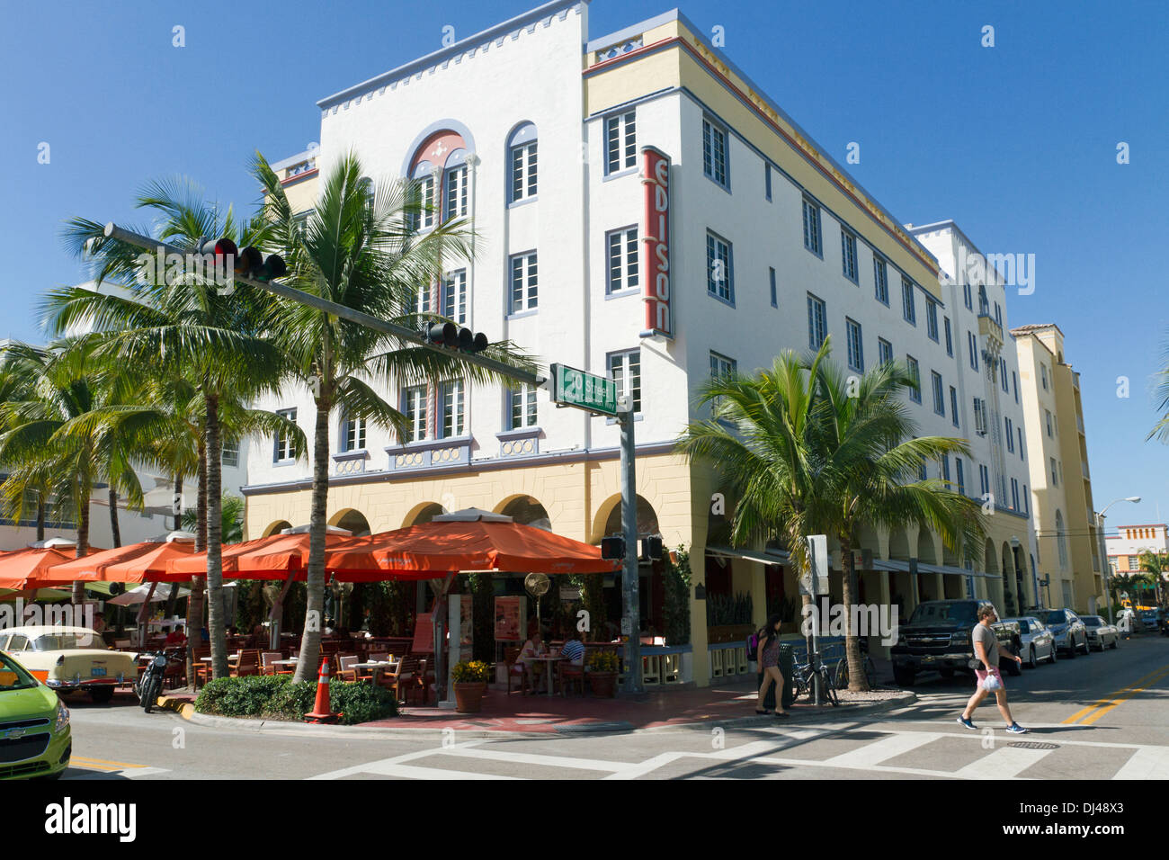 El Edison Hotel Art Deco de Ocean Drive en Miami, Florida Foto de stock