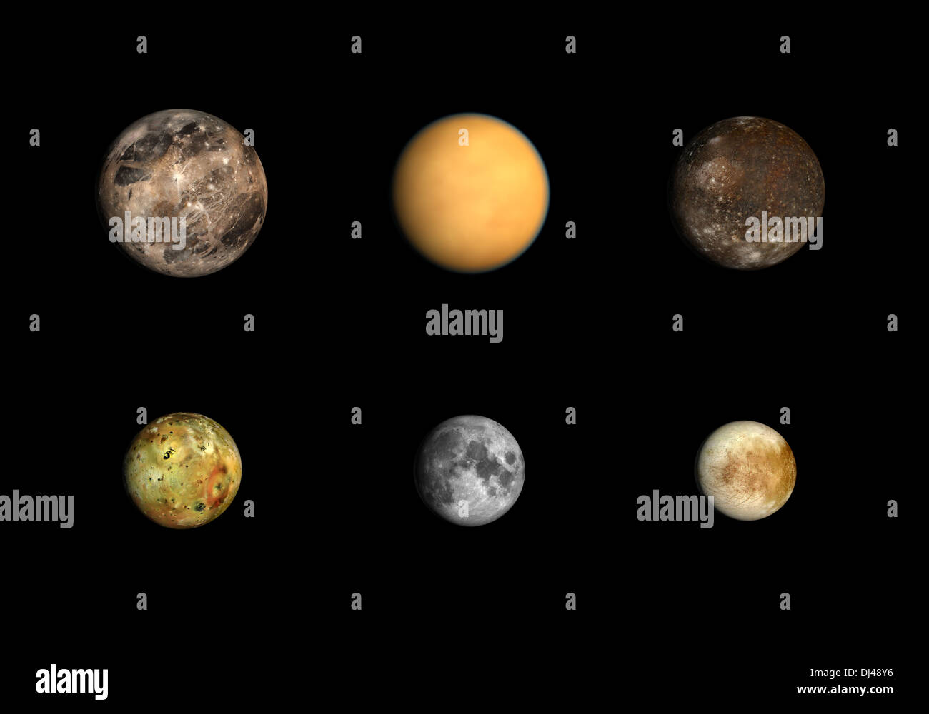 Una comparación de la Luna de la tierra y las lunas de Júpiter, Ganímedes,  Calisto y Europa Io Fotografía de stock - Alamy