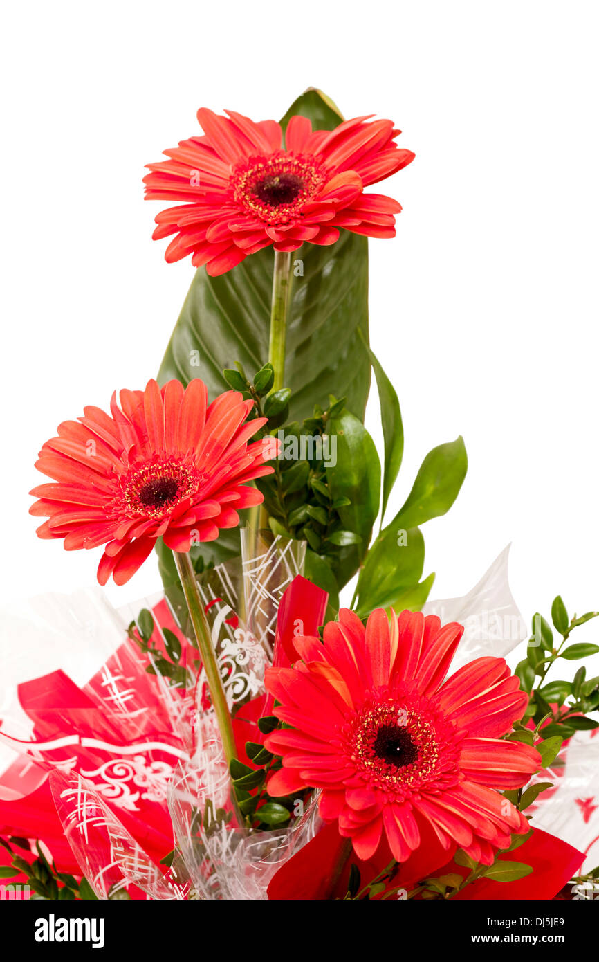 Bellamente diseñado ramo de tres flores rojas Foto de stock