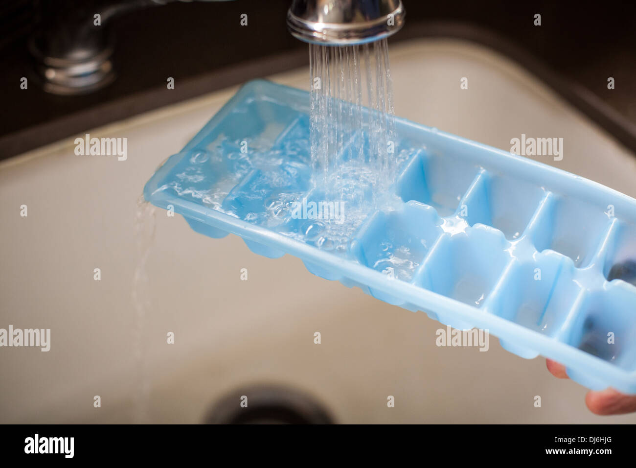 Un cubo de hielo bandeja que llenarlo con agua bajo un fregadero grifo. Foto de stock