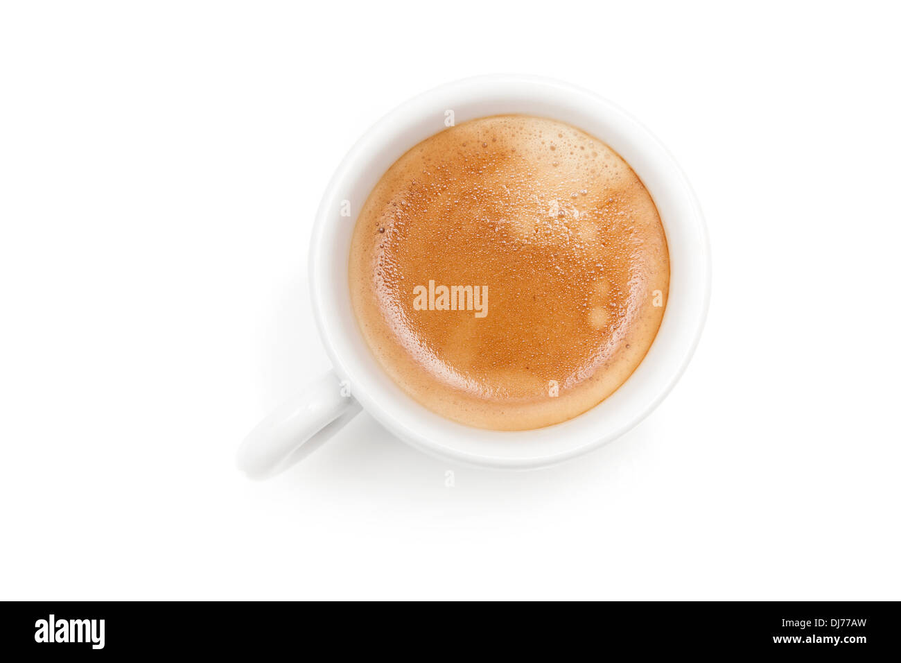 Pequeña taza de café espresso. Vista superior aislado sobre fondo blanco. Foto de stock