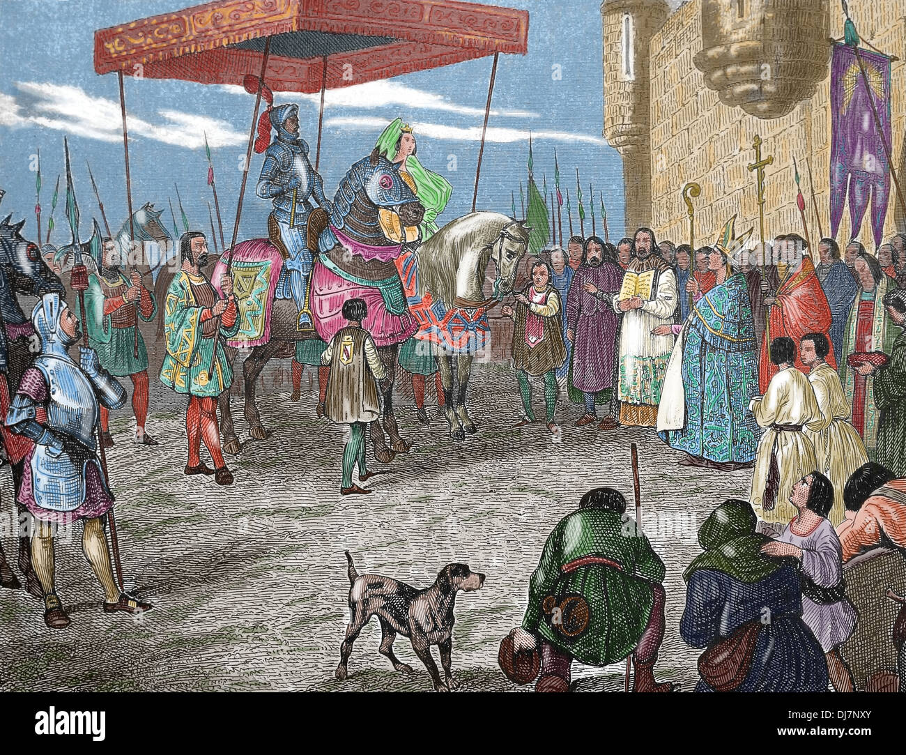 La historia. Edad media. Vasallo rindiendo homenaje a su señor de Lieja. Grabado. (Más tarde coloración) Foto de stock