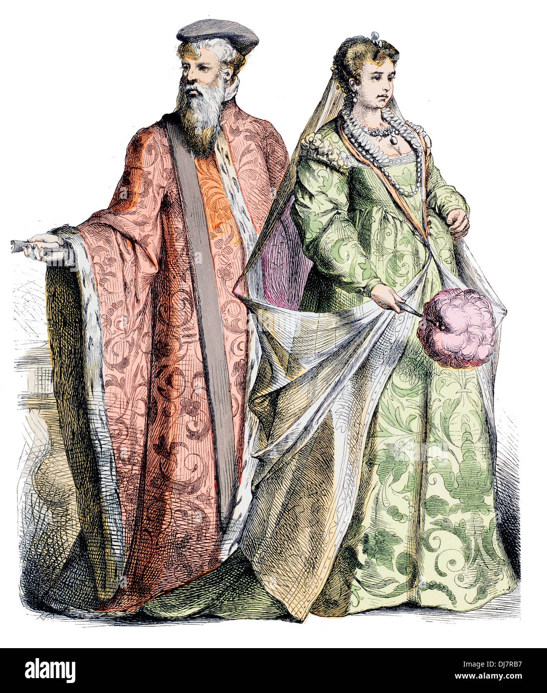 Décimosexto Siglo XVI trajes italianos de Venecia del senador y lady Foto de stock