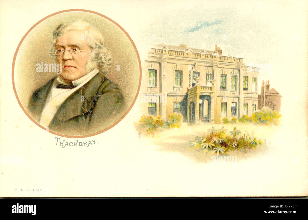 Chromolithographed de William Makepeace Thackeray postal (1811-1863) y su casa en Londres Foto de stock