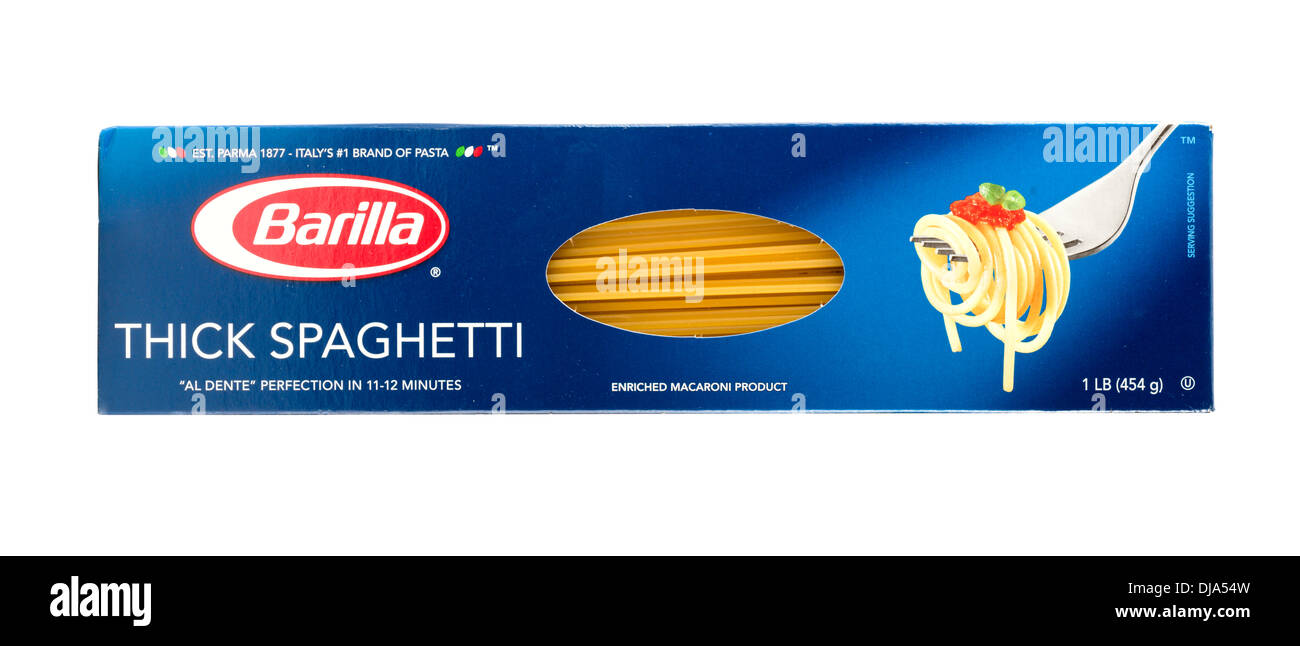 Paquete de Barilla gruesos espaguetis, EE.UU. Foto de stock