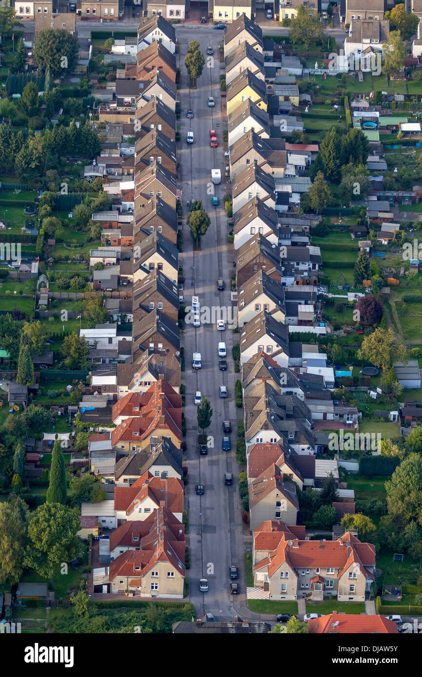 Vista aérea, asentamientos mineros, casas adosadas, Rentfort, Gladbeck, Renania del Norte-Westfalia, Alemania Foto de stock