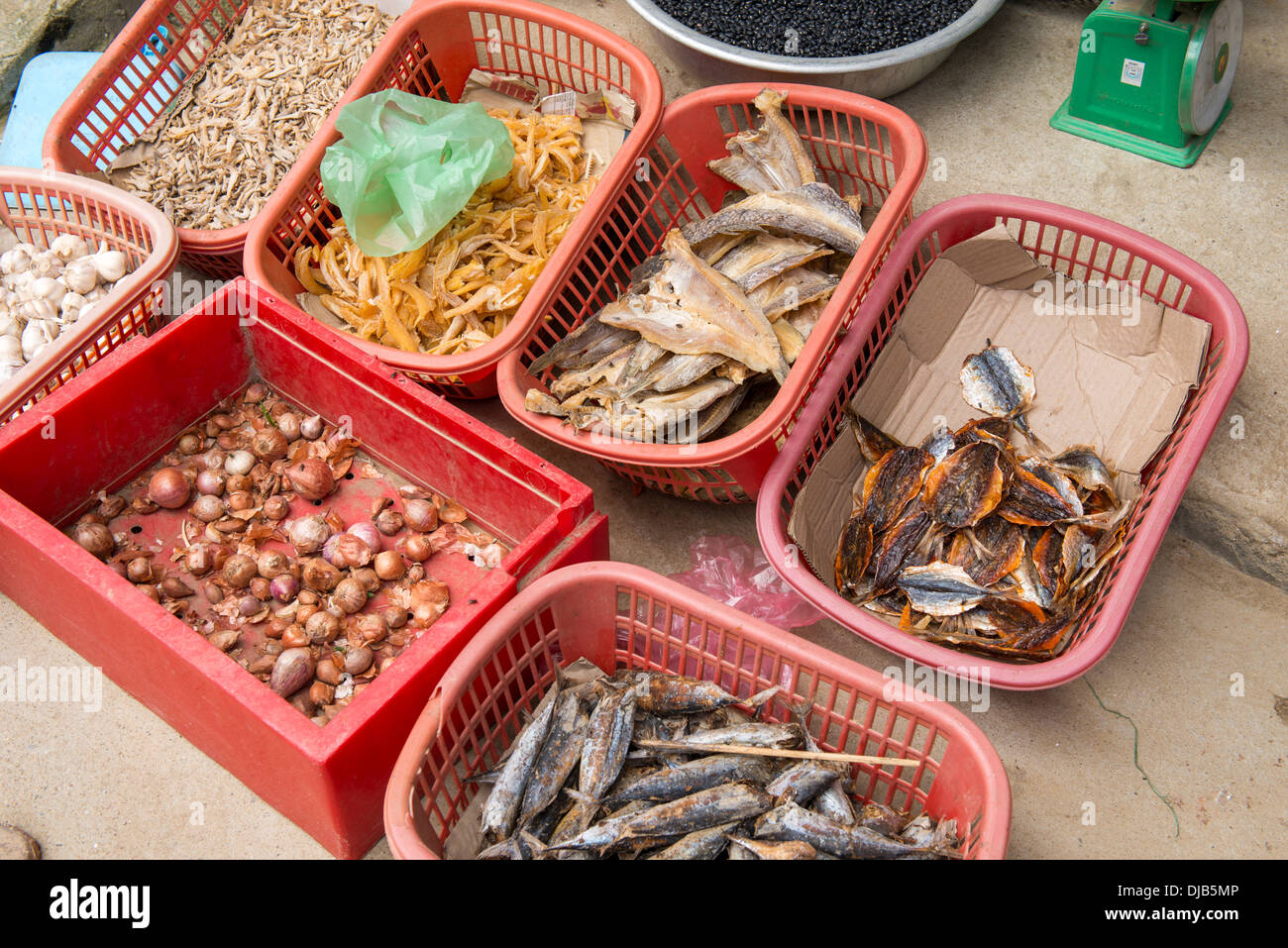 Visualización de pescado seco, Bac Ha, Lao Cai, Vietnam Foto de stock