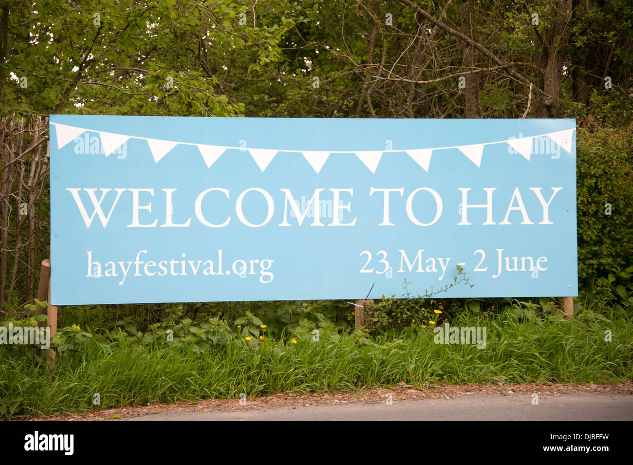 Libro Hay-On-Wye Festival cartel de bienvenida Herefordshire UK Foto de stock