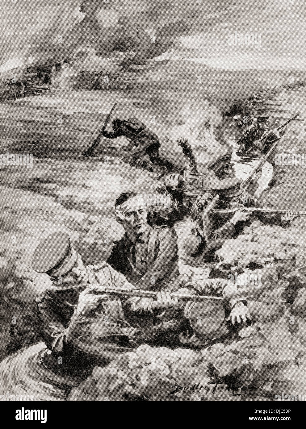Los soldados británicos la cintura en trincheras inundadas durante la lucha contra la primera batalla del Aisne, Francia durante la primera guerra mundial. Foto de stock