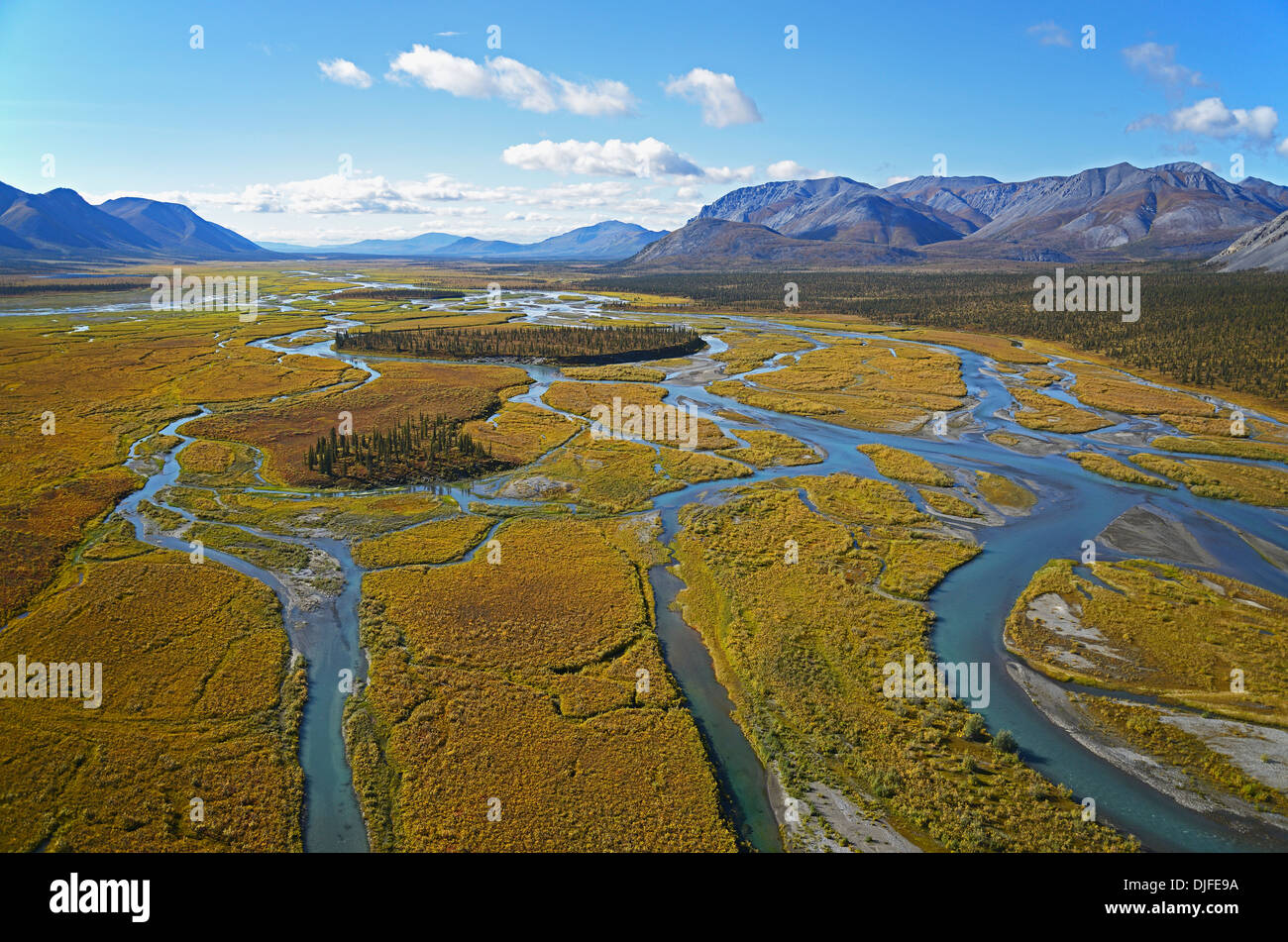 Las verdes aguas del río Sheenjek superior trenzada que fluyen hacia el sur a partir de Brooks, en el Refugio Nacional de Vida Salvaje del Ártico Foto de stock