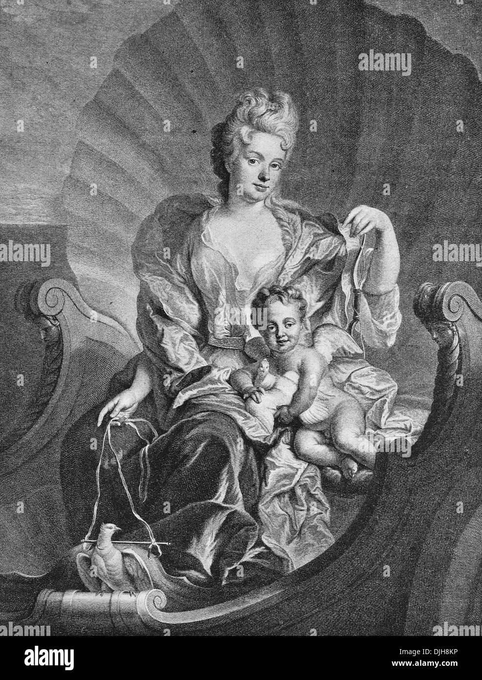 La condesa Cosel, maestra de Augusto II el fuerte, muestra como Venus, grabado en cobre después de una pintura por F de Troy, 1850 Foto de stock