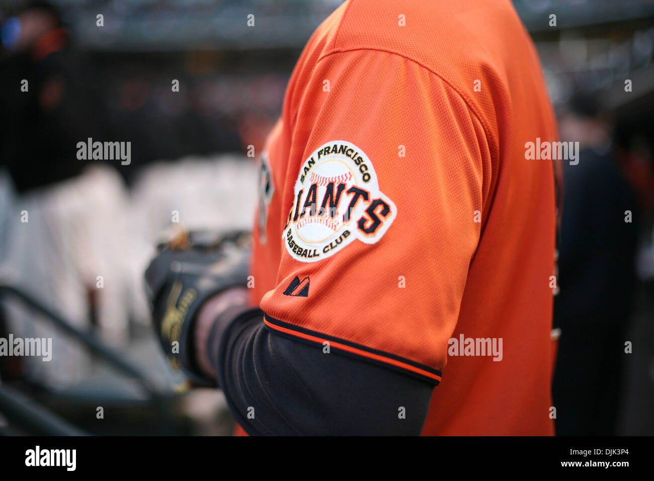 Agosto 27, 2010 - San Francisco, California, Estados Unidos de América - San Francisco Giants aloja los Diamondbacks de Arizona. Gigantes logotipo en sus camisetas naranjas. Arizona Diamondbacks ganar el juego 6-0. (Crédito de la Imagen: © Dinno Kovic/Global/ZUMApress.com) Southcreek Foto de stock