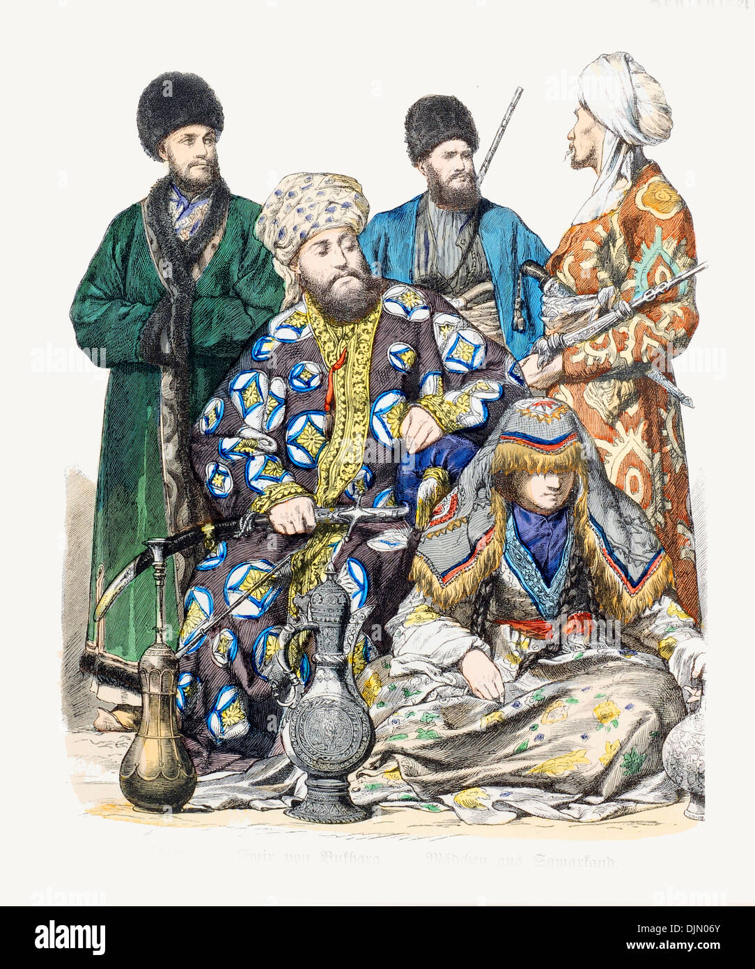 Siglo XIX XIX 1800 Bokhara de izquierda a derecha, hombre de Khiva, Emir, soldado, Niña de Samarcanda, la policía hombre Foto de stock