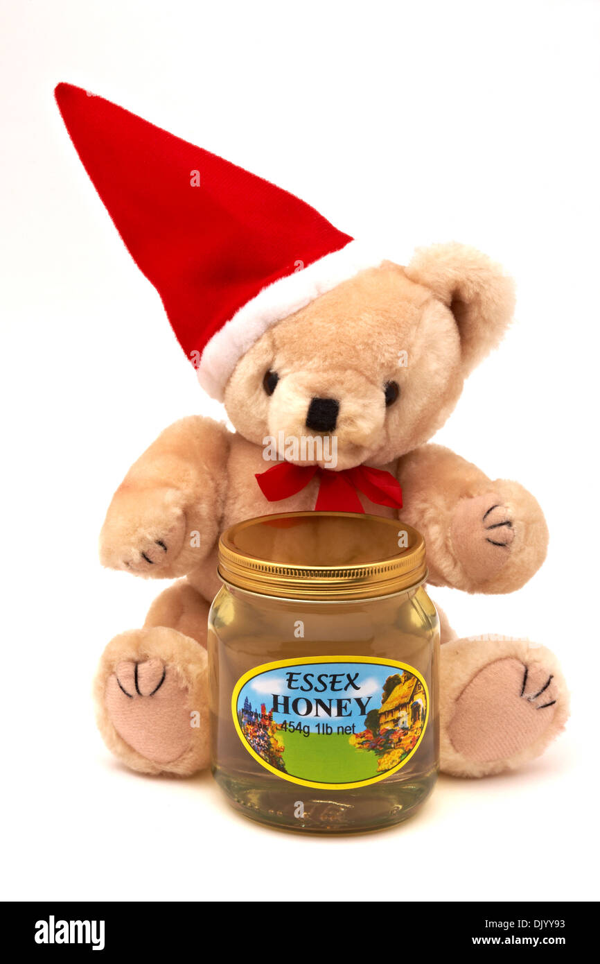 Santa oso de peluche con tarro de miel etiquetada Essex Foto de stock