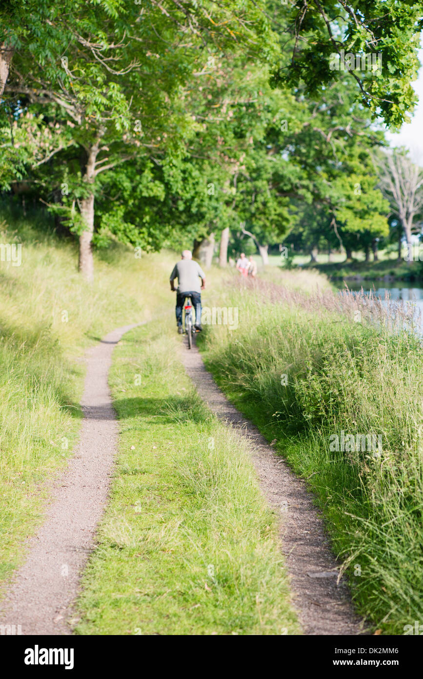 Tranquilo paisaje de verano. Hombre, andar en bicicleta en caminos rurales por gota Canal en Suecia. Foto de stock