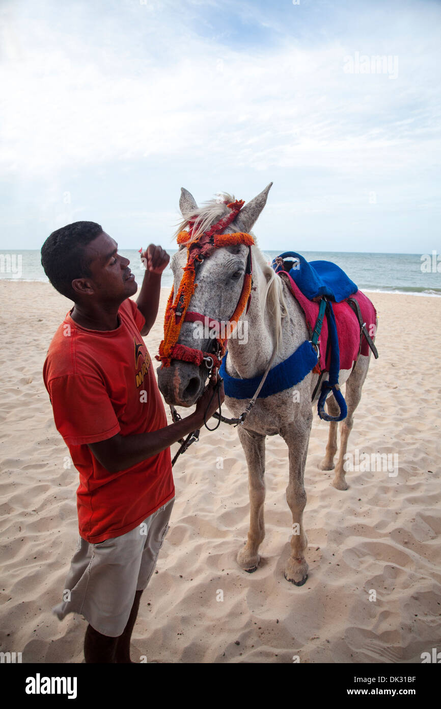 El hombre a caballo en la playa, Cumbuco, distrito de Fortaleza, Brasil. Foto de stock