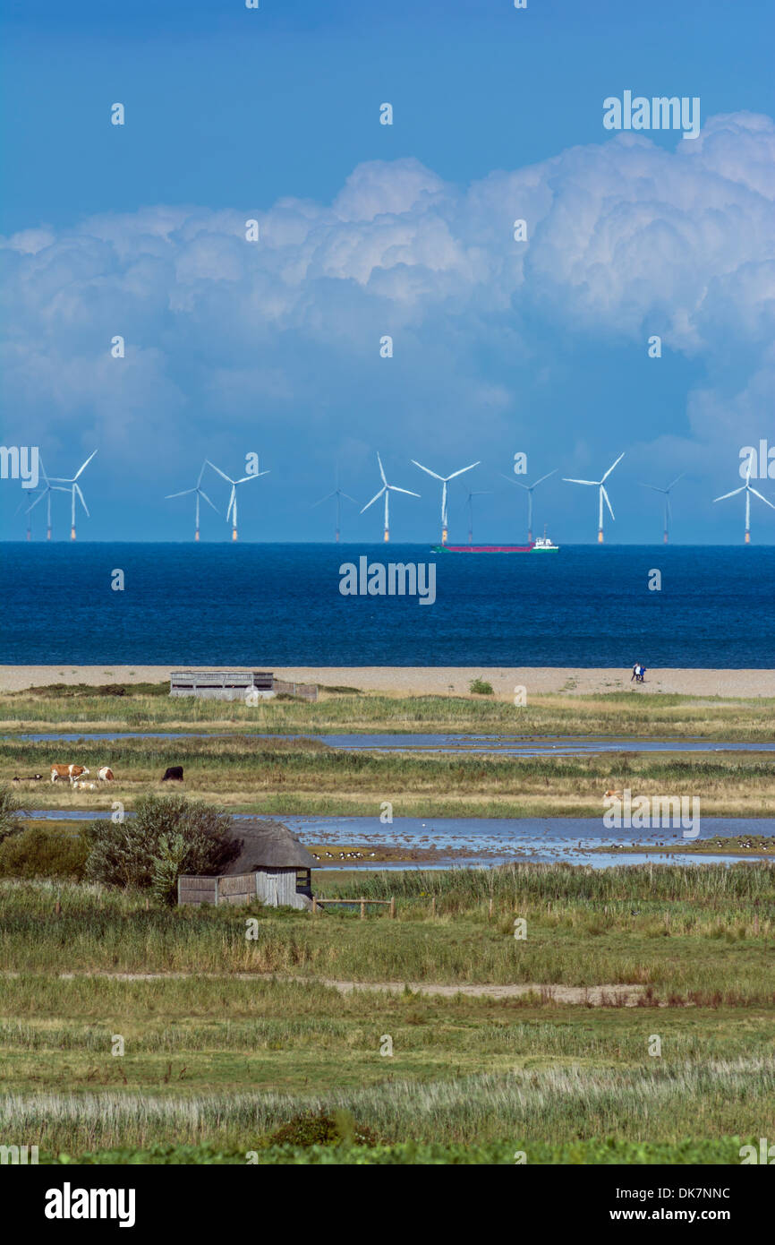 Vista de la reserva natural Cley mostrando el Mar del Norte y Sheringham Shoal parque eólico en distancia Foto de stock
