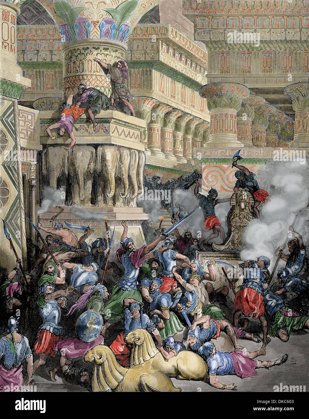 Jonathan destruye el Templo de Dago. Biblia Ilustraciones de Gustave Doré.  1 Macabeos 10: 83-89. Grabado en color Fotografía de stock - Alamy