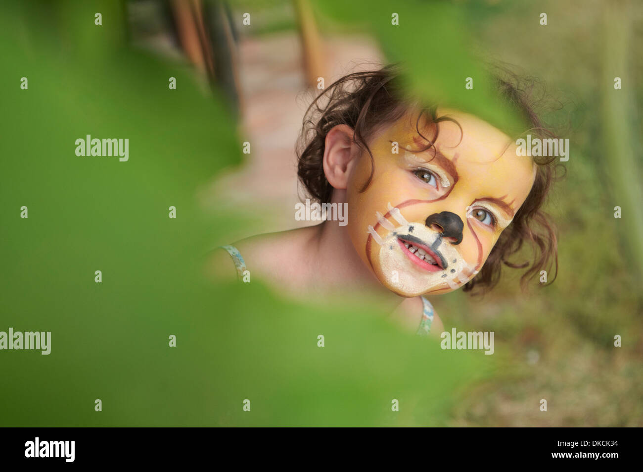Chica con pintura de cara de animal Foto de stock