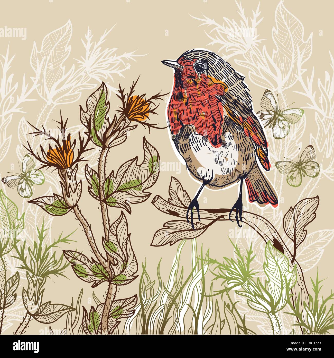 Ilustración vectorial de un pajarito con mariposas y plantas Ilustración del Vector