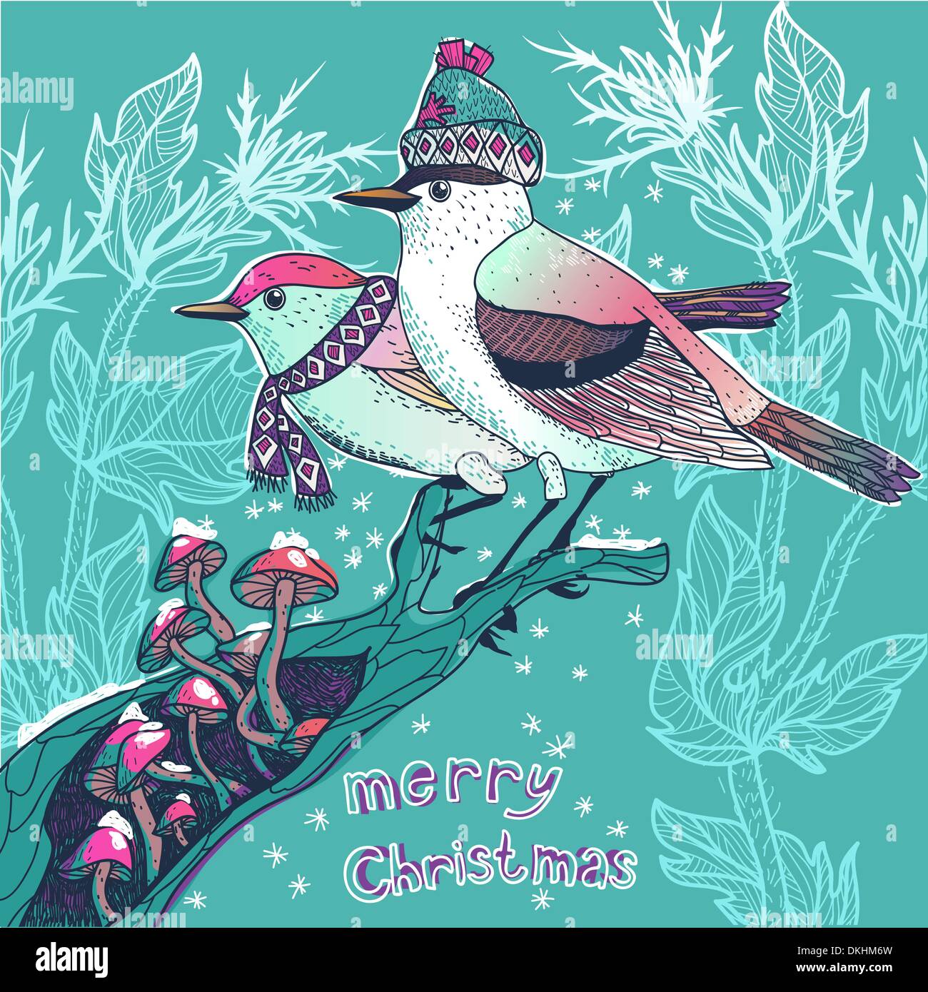 Navidad ilustración vectorial de dos aves en un bosque de invierno Ilustración del Vector