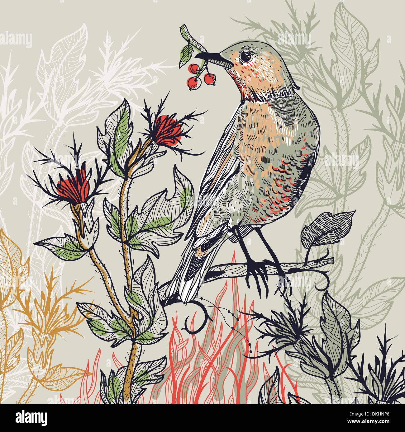 Ilustración vectorial de un bosque con plantas silvestres de aves Ilustración del Vector