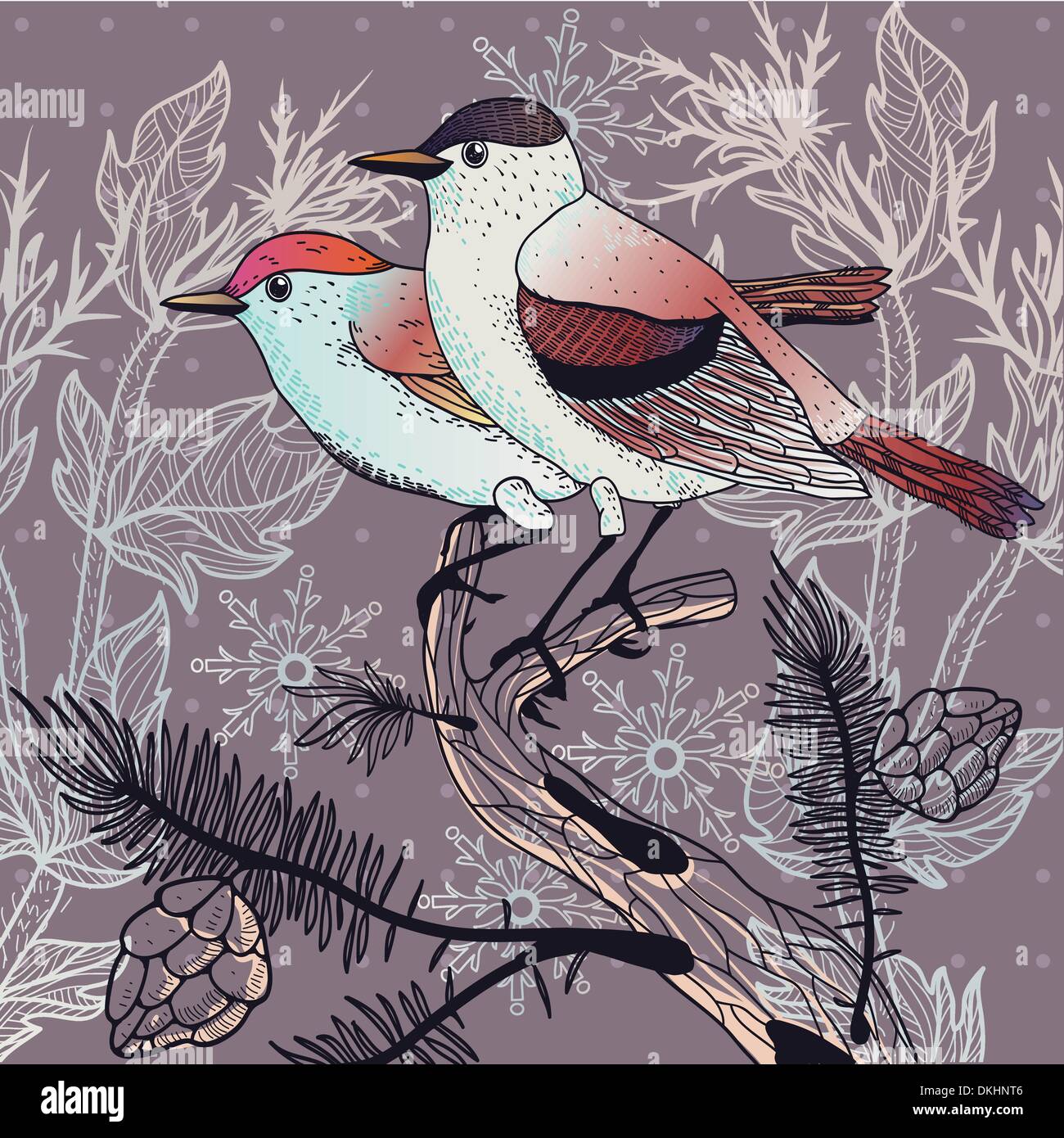 Ilustración vectorial de una pareja de aves del bosque en invierno Ilustración del Vector