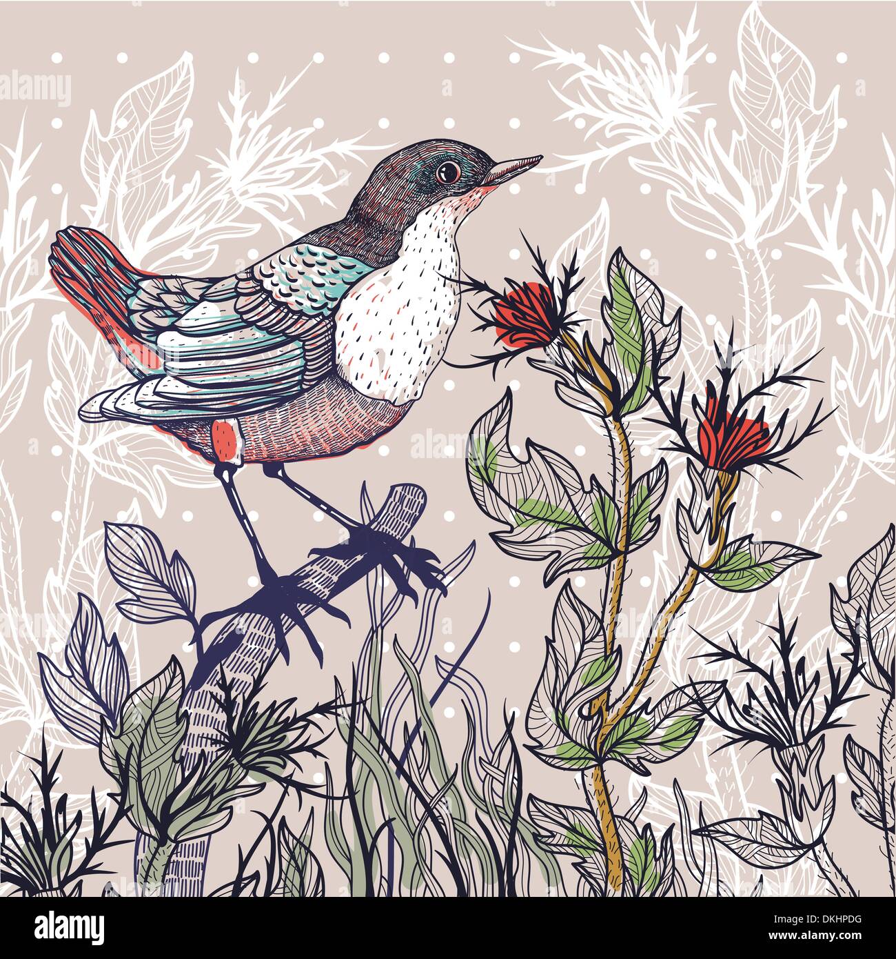 Ilustración vectorial de un bosque con aves thistle Ilustración del Vector