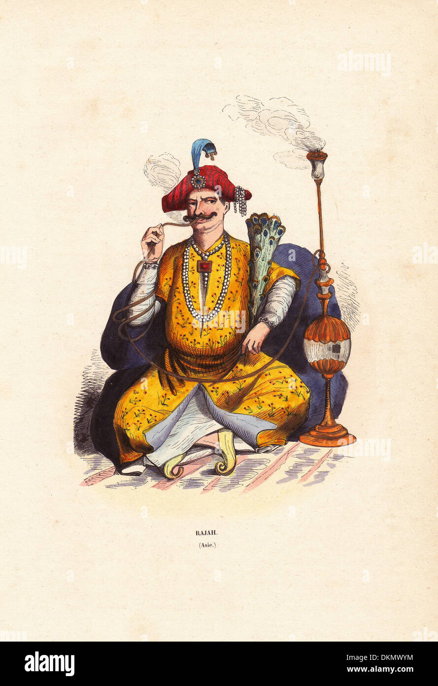 Rajá indio en bejeweled batas y sombrero, fumar un narguile pipa. Foto de stock