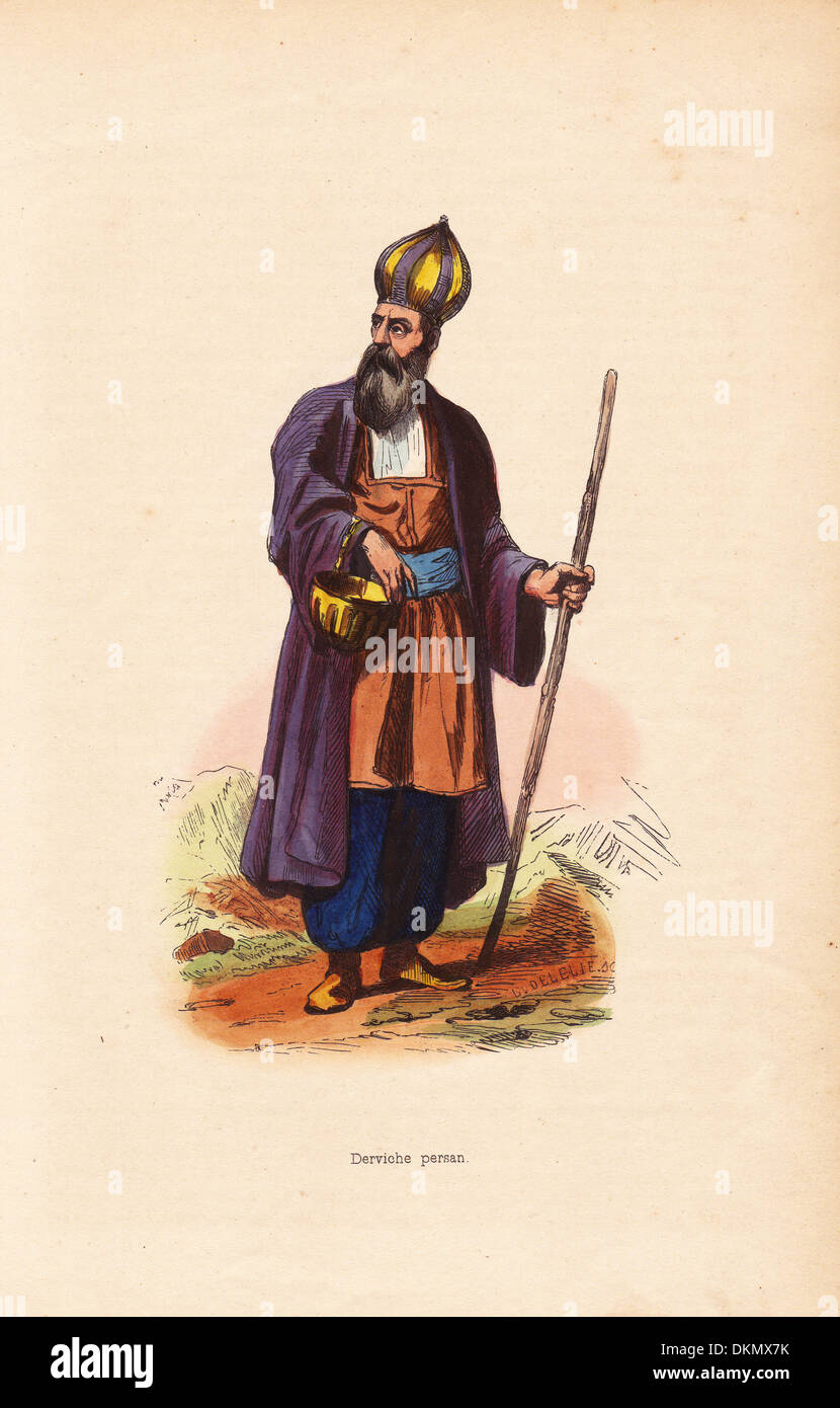 Hombre derviche de Persia (Irán) llevando una bandeja de limosnas y de personal. Foto de stock