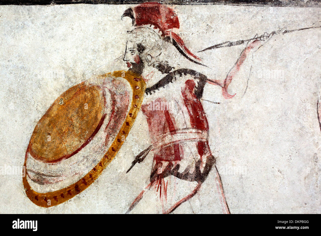 El griego antiguo guerrero, pintura mural, Museo Arqueológico de Paestum, Campania, Italia Foto de stock