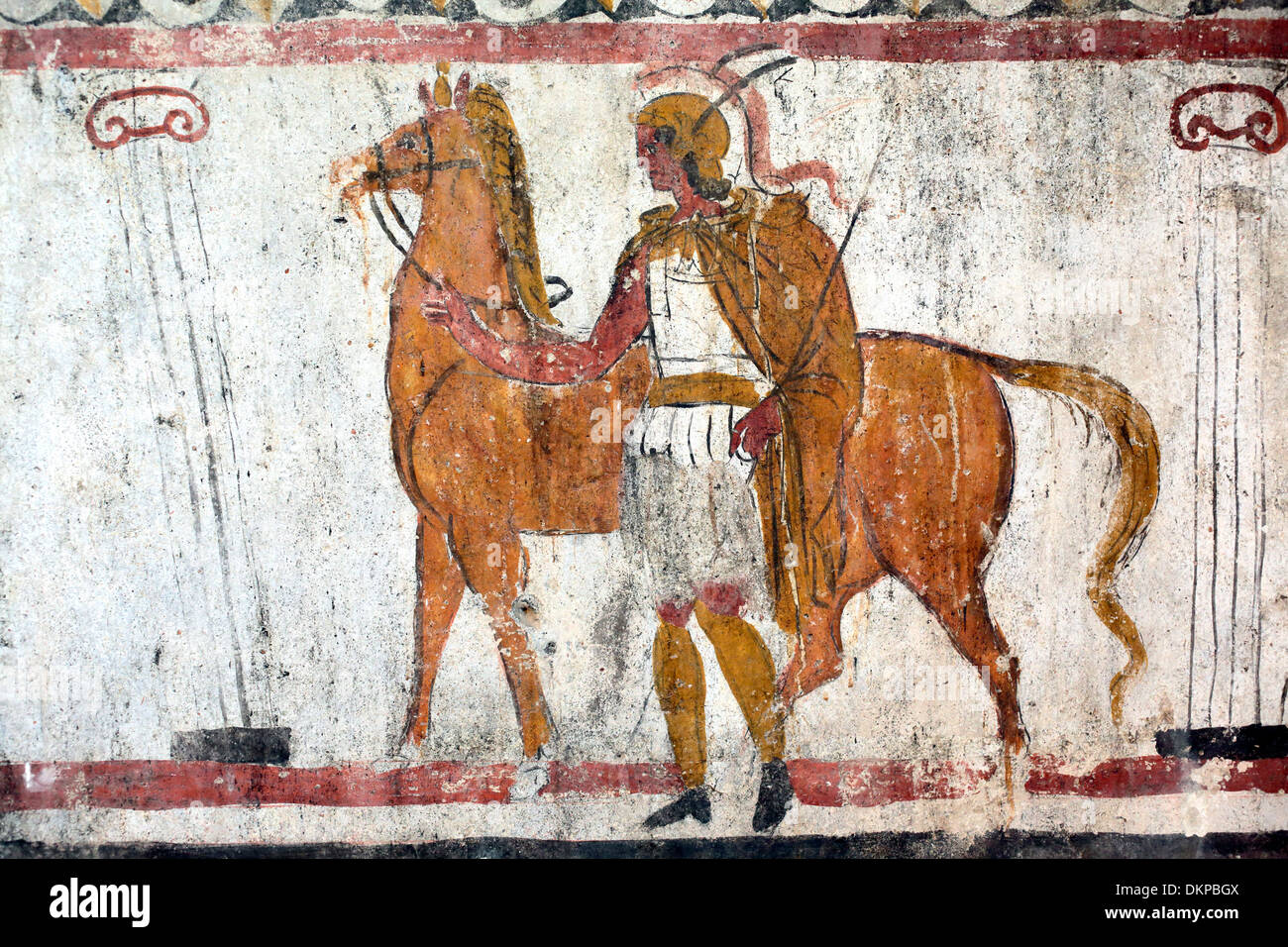El griego antiguo guerrero, pintura mural, Museo Arqueológico de Paestum, Campania, Italia Foto de stock