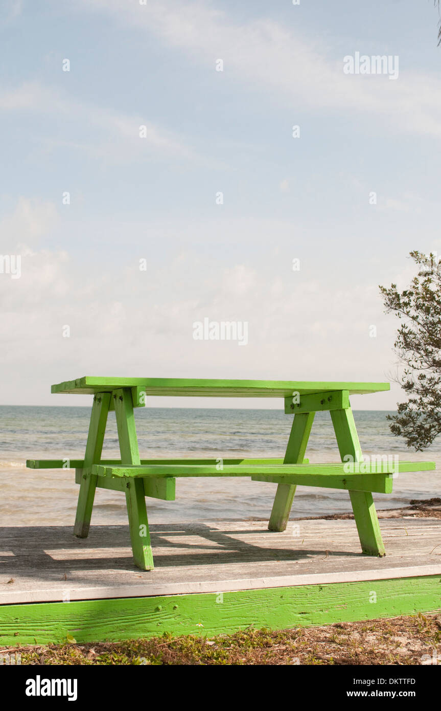Un verde brillante mesa de picnic en la playa. Foto de stock