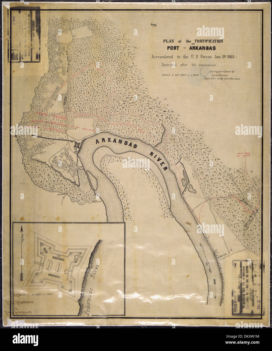 (Mapa y hundir la tierra) Plan de la Fortificación (Fort Hindman) en el Post, Arkansas, se rindió a las fuerzas estadounidenses... 305724 Foto de stock