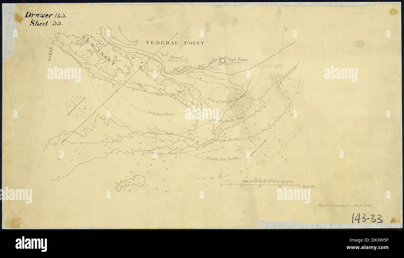 (Mapa de Punto Federal, N.C., mostrando radia desde Fort Fisher y el montón o pila Cordero en intervalos de 1-4 millas forma 1-2... 305782 Foto de stock