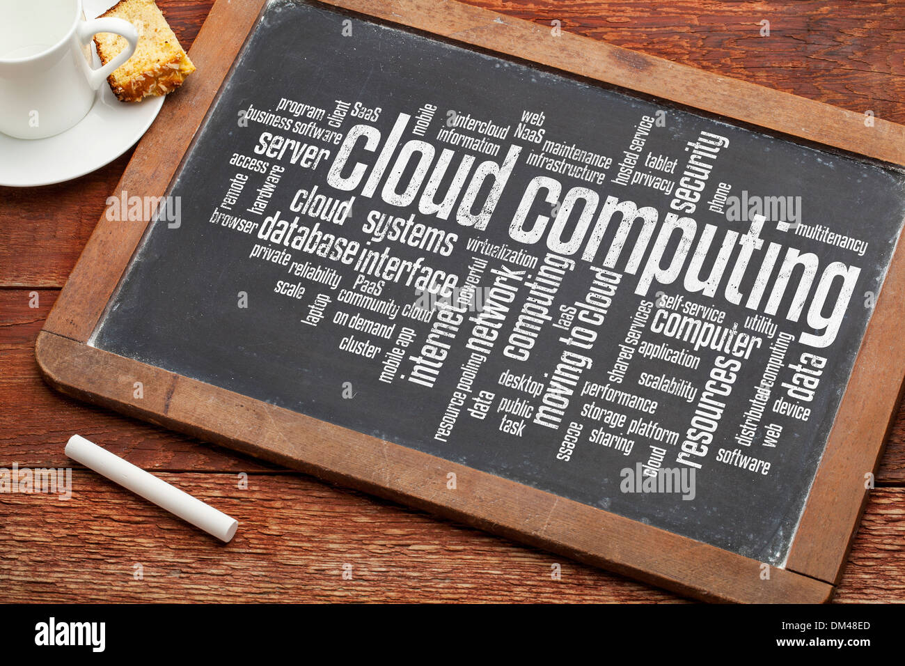 Cloud computing nube de palabras en una pizarra pizarra vintage con una taza de café Foto de stock