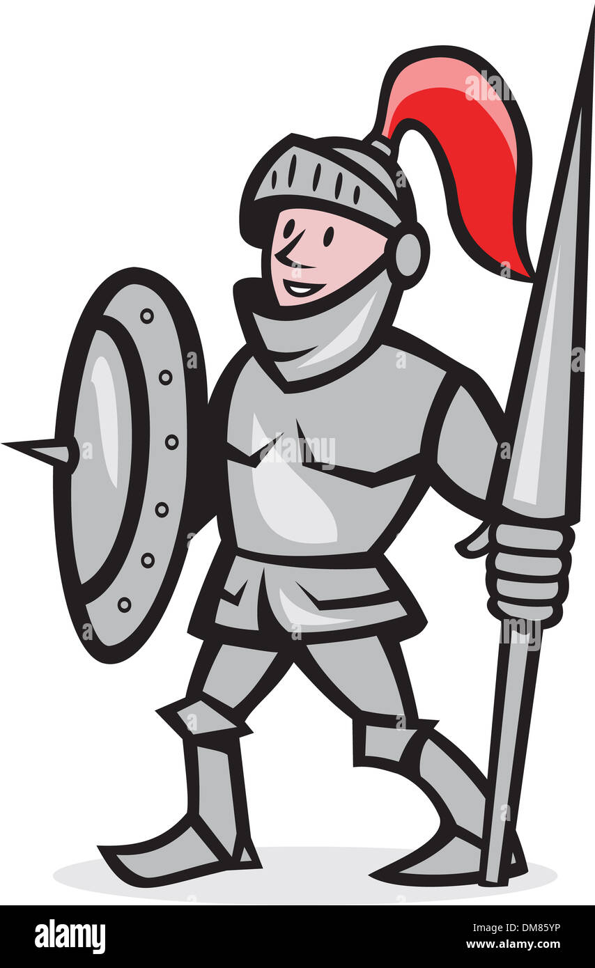Ilustración del caballero de la armadura completa con lanza y escudo  mirando hacia la parte delantera de pie sobre fondo blanco aislado  realizado en estilo de dibujos animados Fotografía de stock -