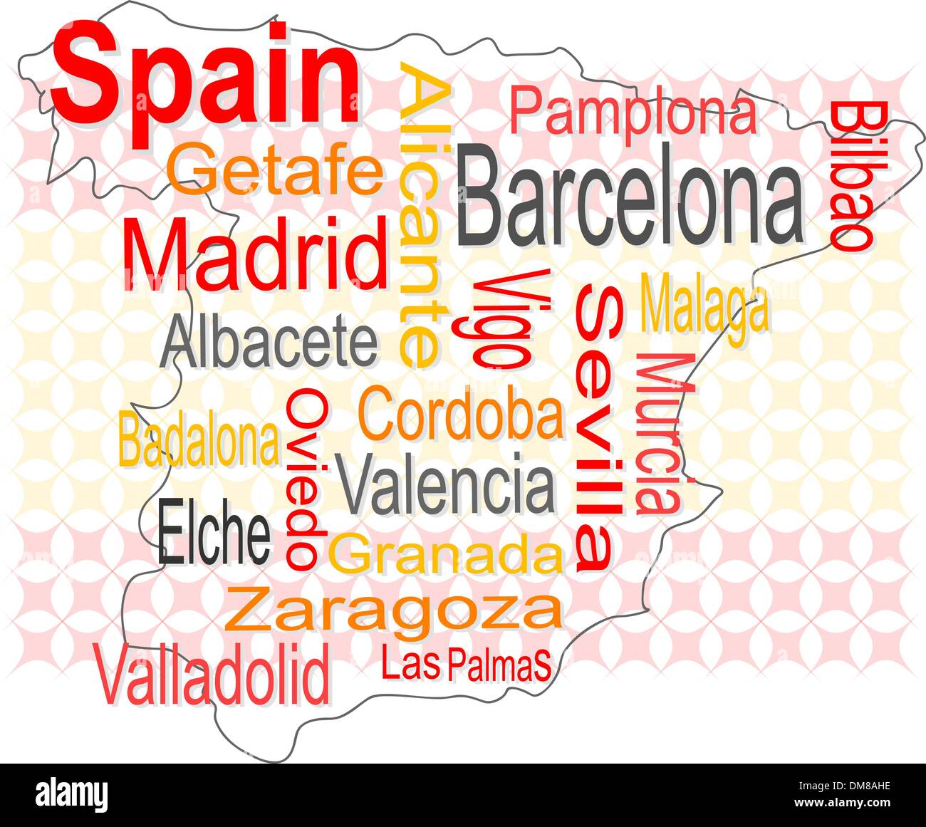 Mapa de España y con ciudades grandes nubes de palabras Ilustración del Vector