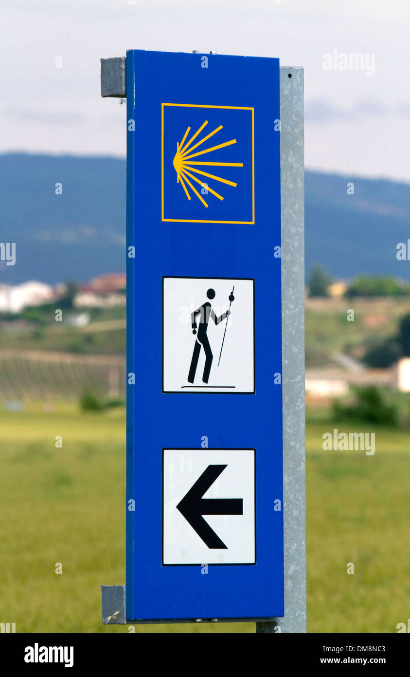 El marcador a lo largo del Camino de Santiago, el Camino de Santiago, Navarra, España. Foto de stock