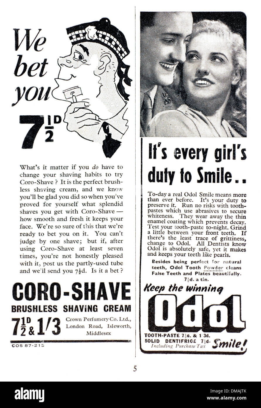 Anuncio antiguo coro Shave Cream sonrisa Odol documento archivado histórico Foto de stock