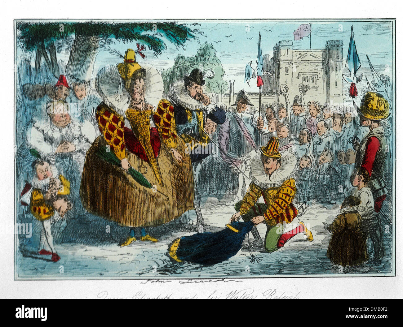 Queen Elizabeth y Sir Walter Raleigh, cómico de la historia de Inglaterra, de color grabado por John Leech, 1850 Foto de stock