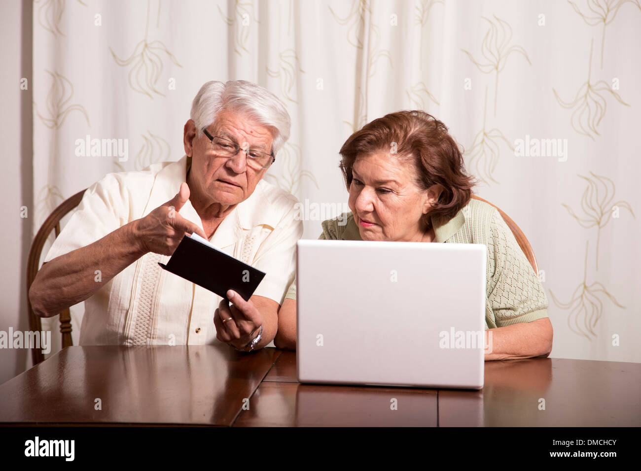 Pareja de ancianos hacer un pago con un ordenador Foto de stock