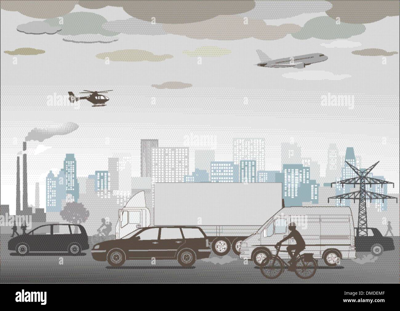 Atasco de tráfico y el smog Ilustración del Vector