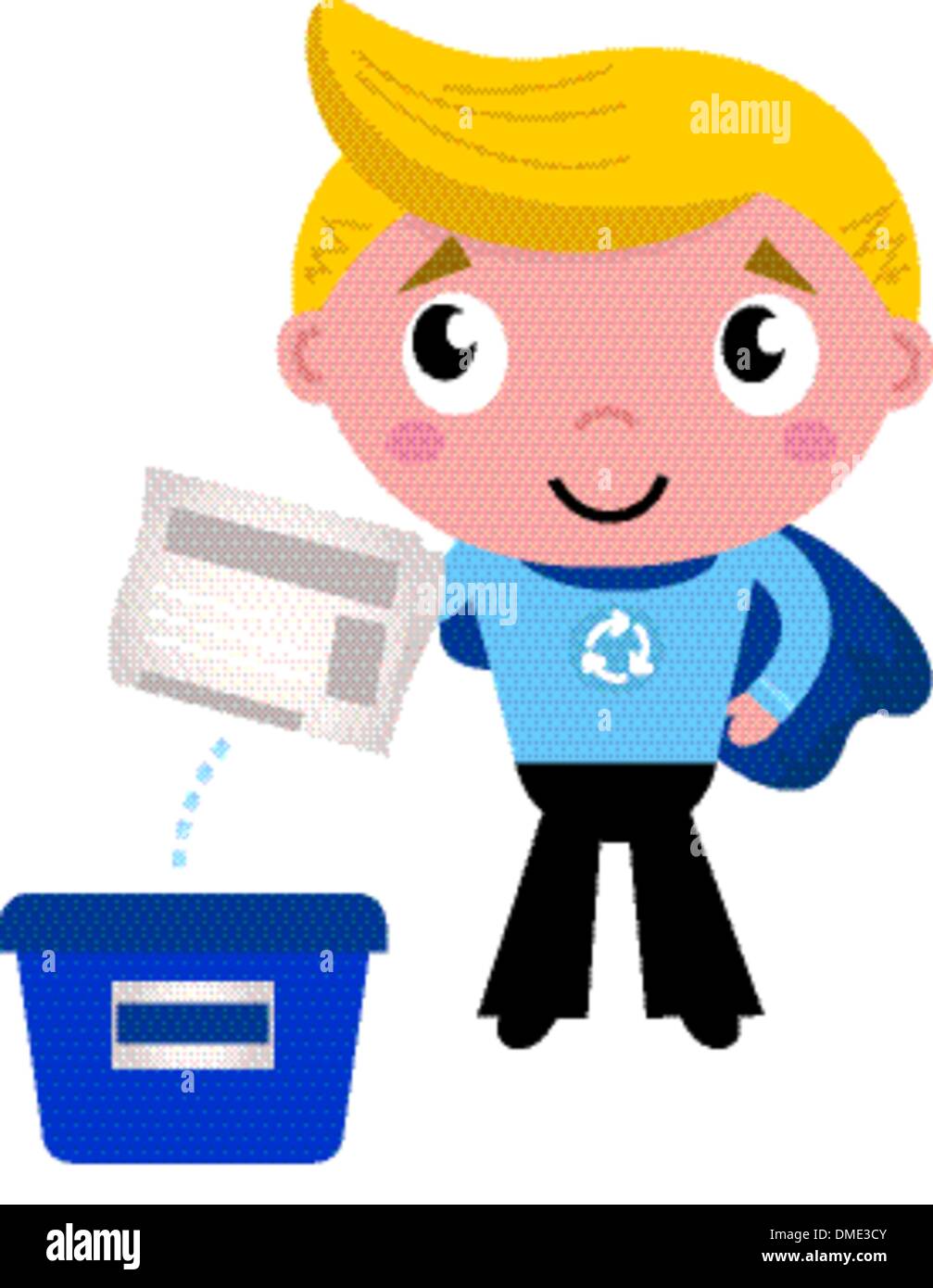 Cute reciclar superhéroe boy separando la basura Ilustración del Vector